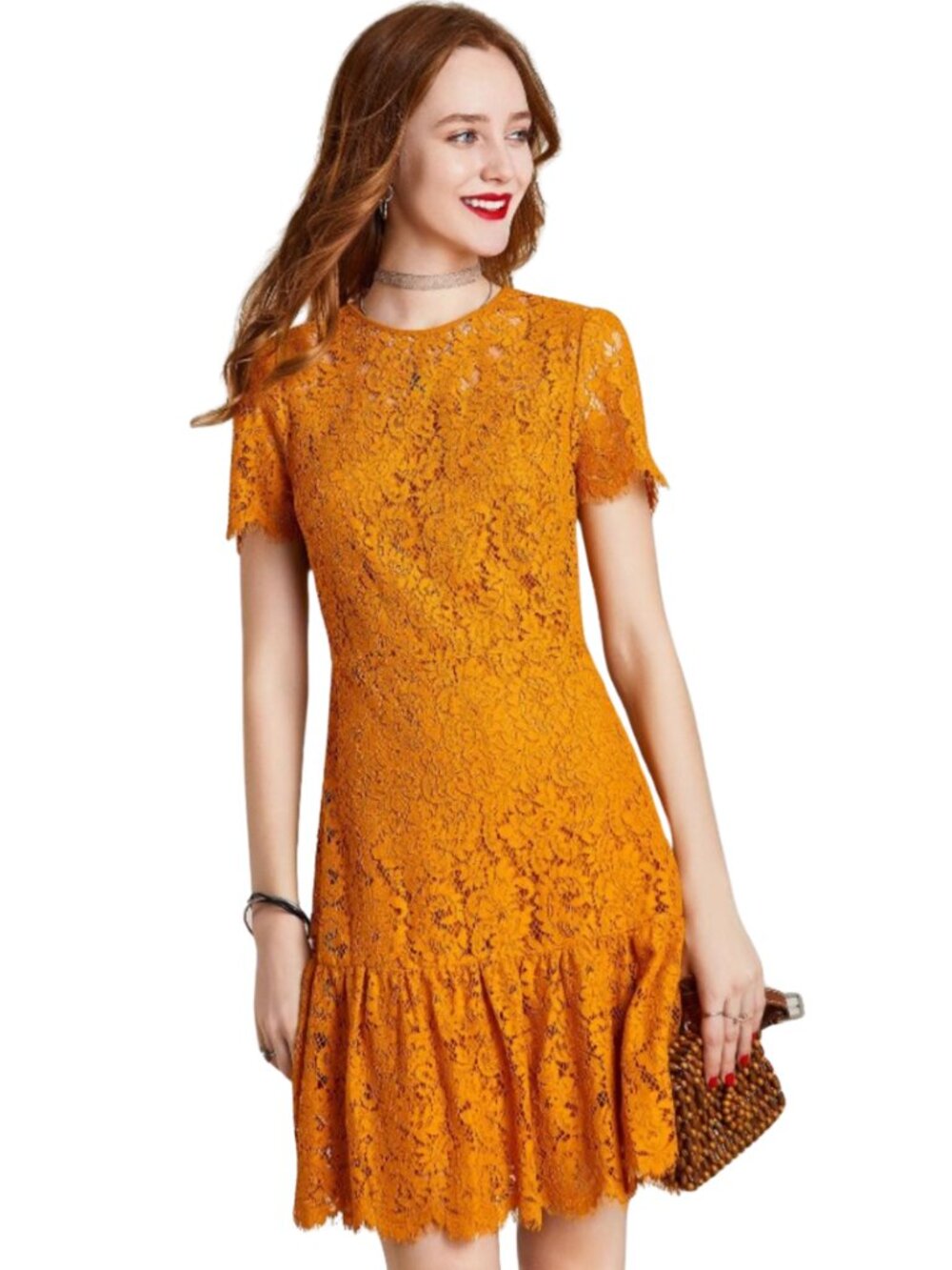 MICHAEL MICHAEL KORS Yellow Lace Dress Mustard Floral Short Sleeve 6